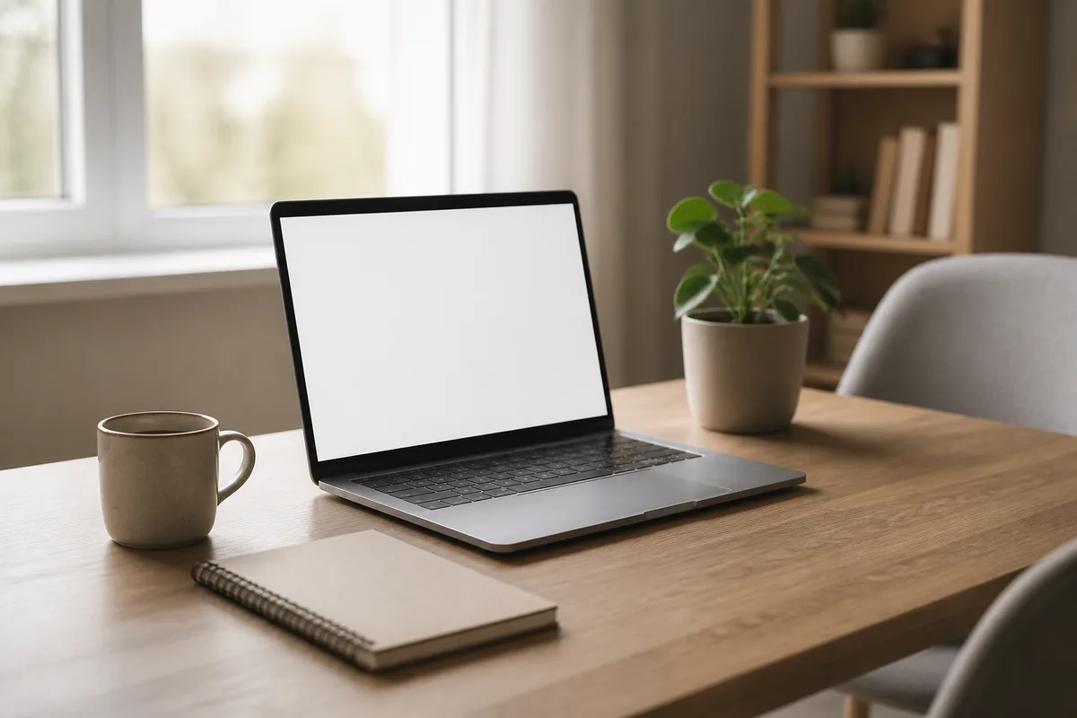 Bureau d&rsquo;un indépendant avec ordinateur portable, carnet et tasse posés près d&rsquo;une fenêtre