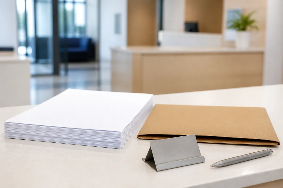 Documents administratifs et pièces d&rsquo;identité posés sur un comptoir d&rsquo;agence bancaire