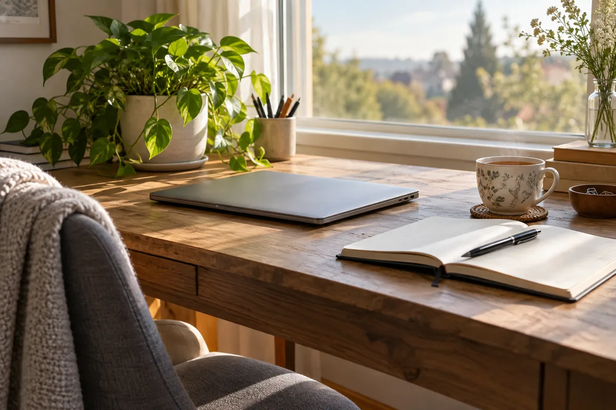 Bureau d’indépendant à domicile avec ordinateur portable, carnet et tasse près d’une fenêtre