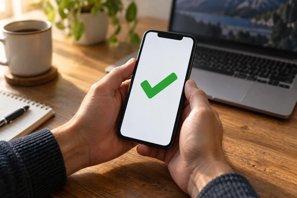 Mains tenant un smartphone affichant un écran de validation abstrait au-dessus d’un bureau en bois