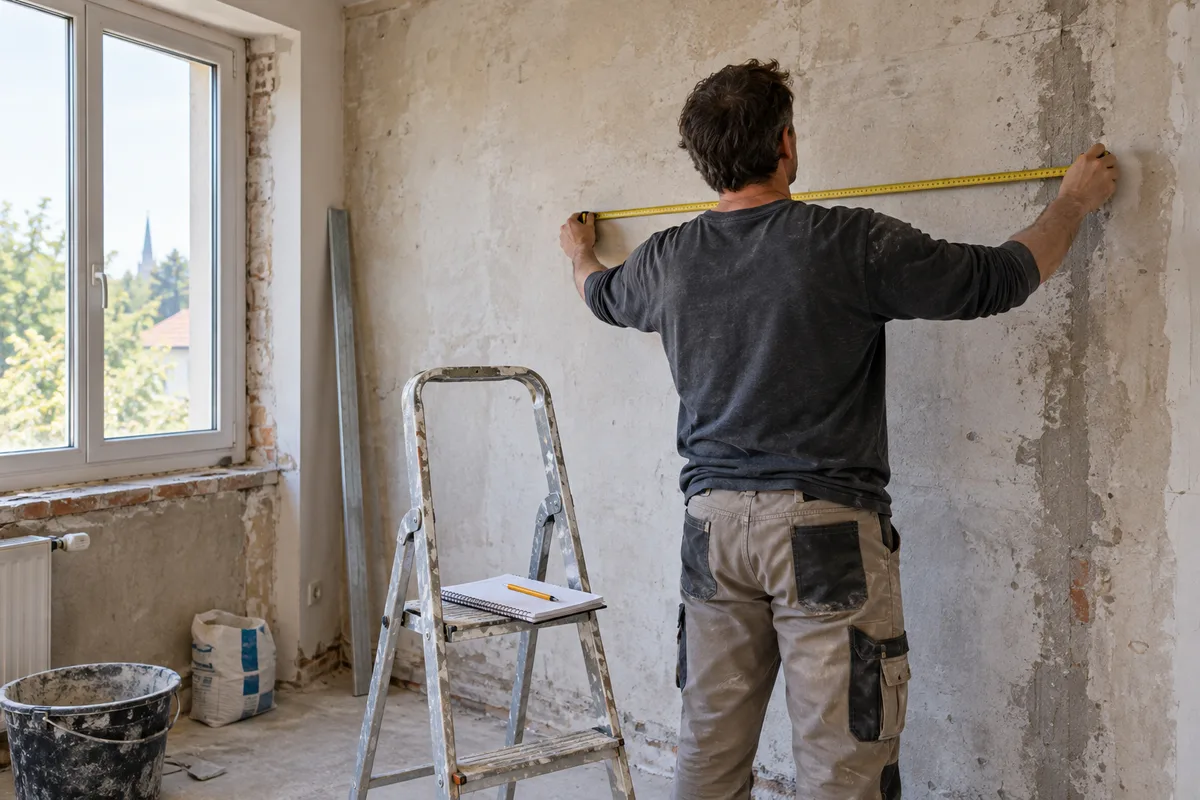 Artisan de dos prenant des mesures avec un mètre ruban dans une pièce en travaux, carnet posé sur un escabeau