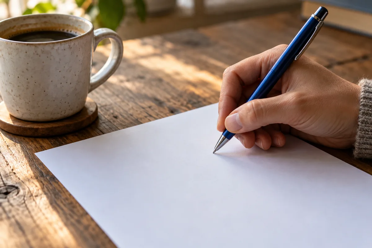 Mains signant un document posé sur une table en bois avec un stylo bleu, tasse de café à côté