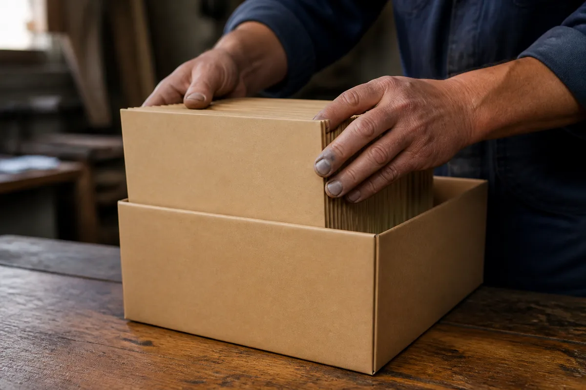 Mains d&rsquo;artisan classant des dossiers cartonnés fermés sur un établi en bois