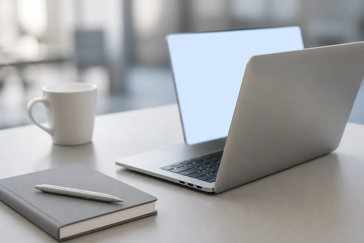 Ordinateur portable ouvert de trois quarts sur un plan de travail clair, écran hors focus