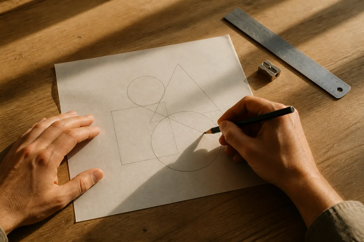 Croquis de formes géométriques au crayon sur papier calque pour un logo de micro-entreprise