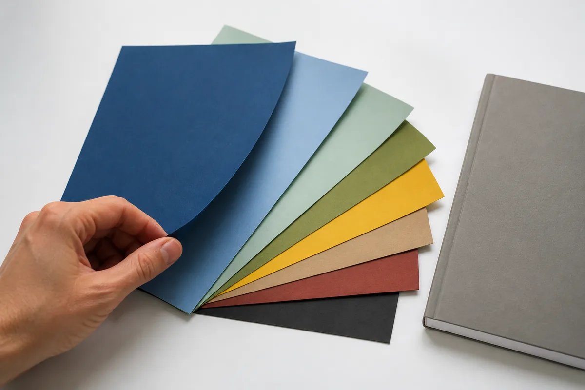 Échantillons de papier colorés disposés en éventail pour choisir une palette de marque