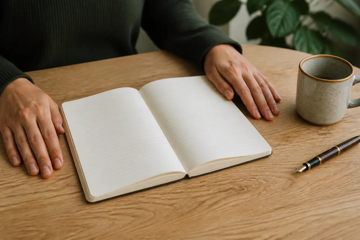 Mains posées sur un carnet de comptes ouvert près d&rsquo;une tasse sur un bureau clair