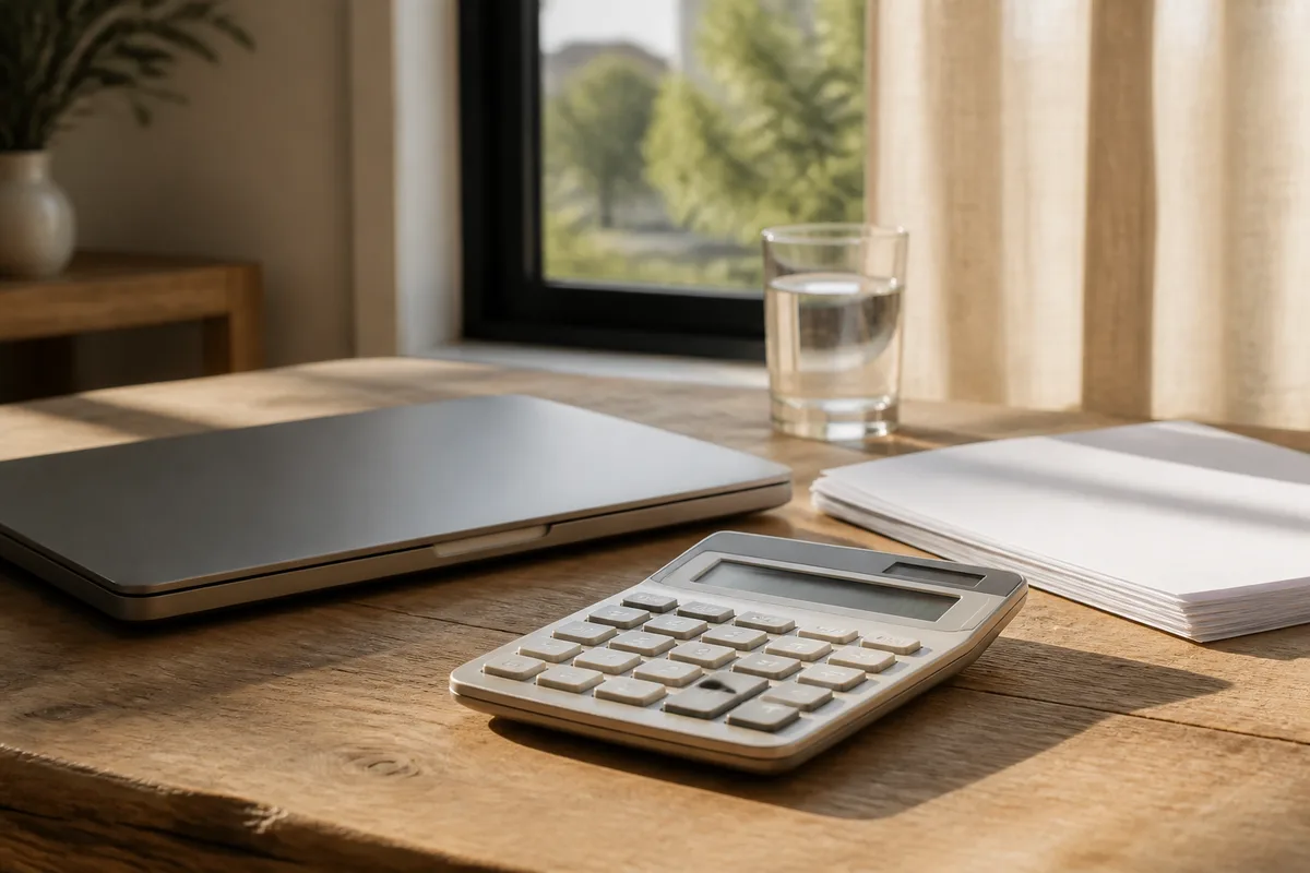 Ordinateur portable fermé et calculatrice sur une table en bois près d&rsquo;une fenêtre