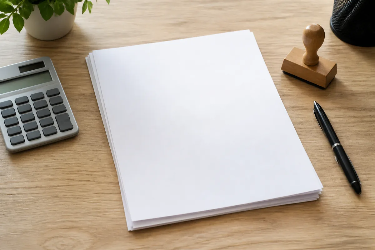Bureau avec formulaires administratifs, calculatrice et tampon posés sur un plan de travail clair