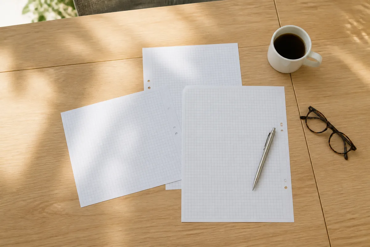 Table de réunion avec tableur imprimé, stylo et tasse de café dans une lumière naturelle