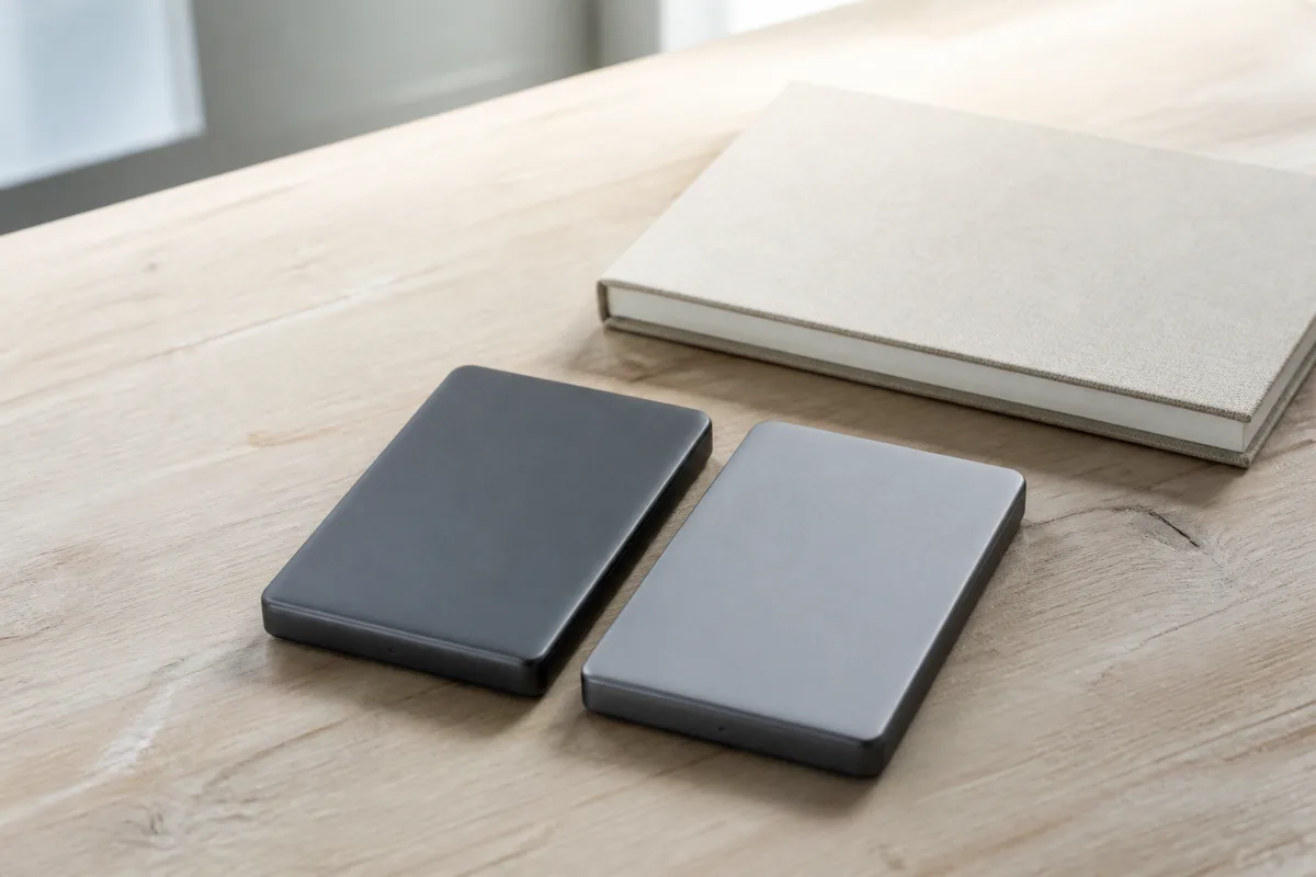 Disque dur externe posé sur un bureau en bois avec son câble enroulé