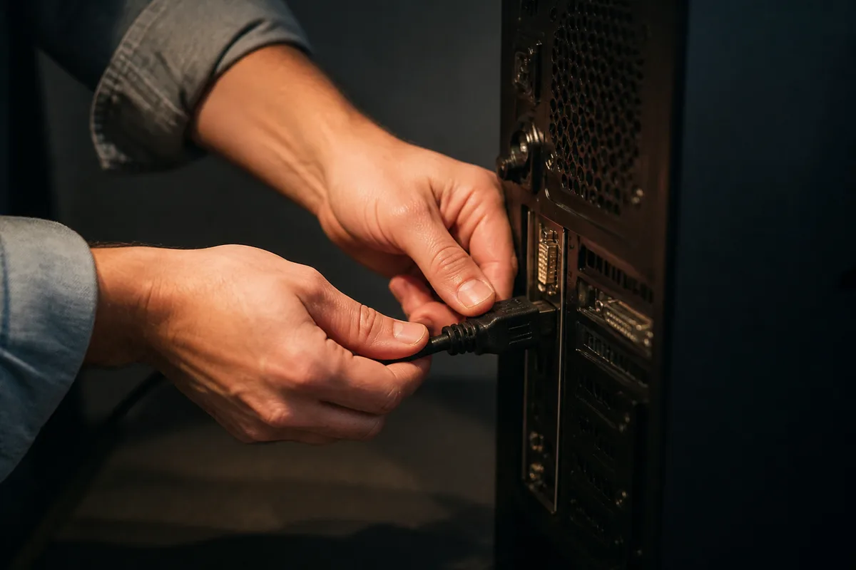 Mains branchant un câble à l&rsquo;arrière d&rsquo;un ordinateur de bureau