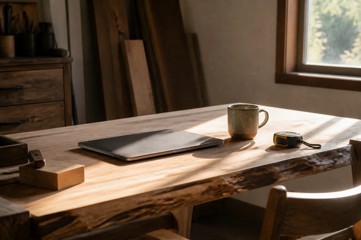 Coin de bureau d&rsquo;artisan en lumière du matin avec ordinateur portable refermé