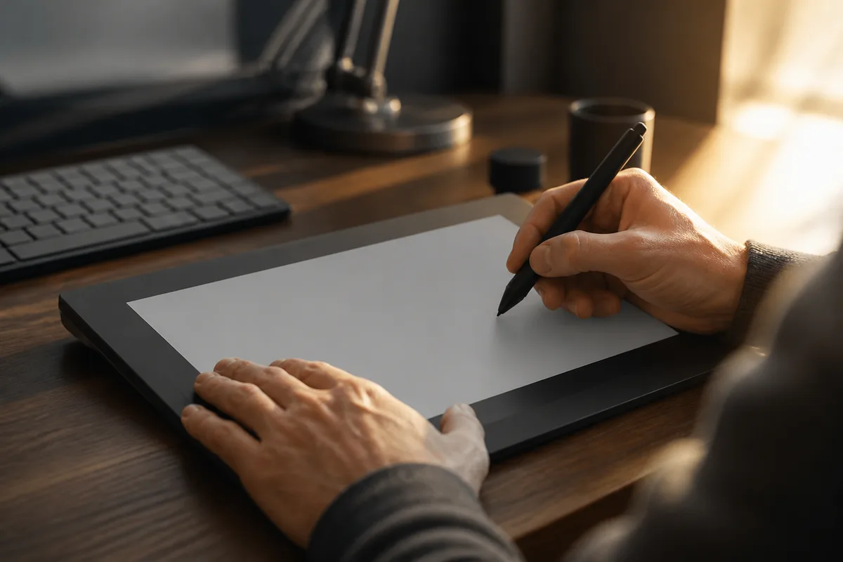 Main posée sur une tablette graphique tenant un stylet, lumière douce de bureau