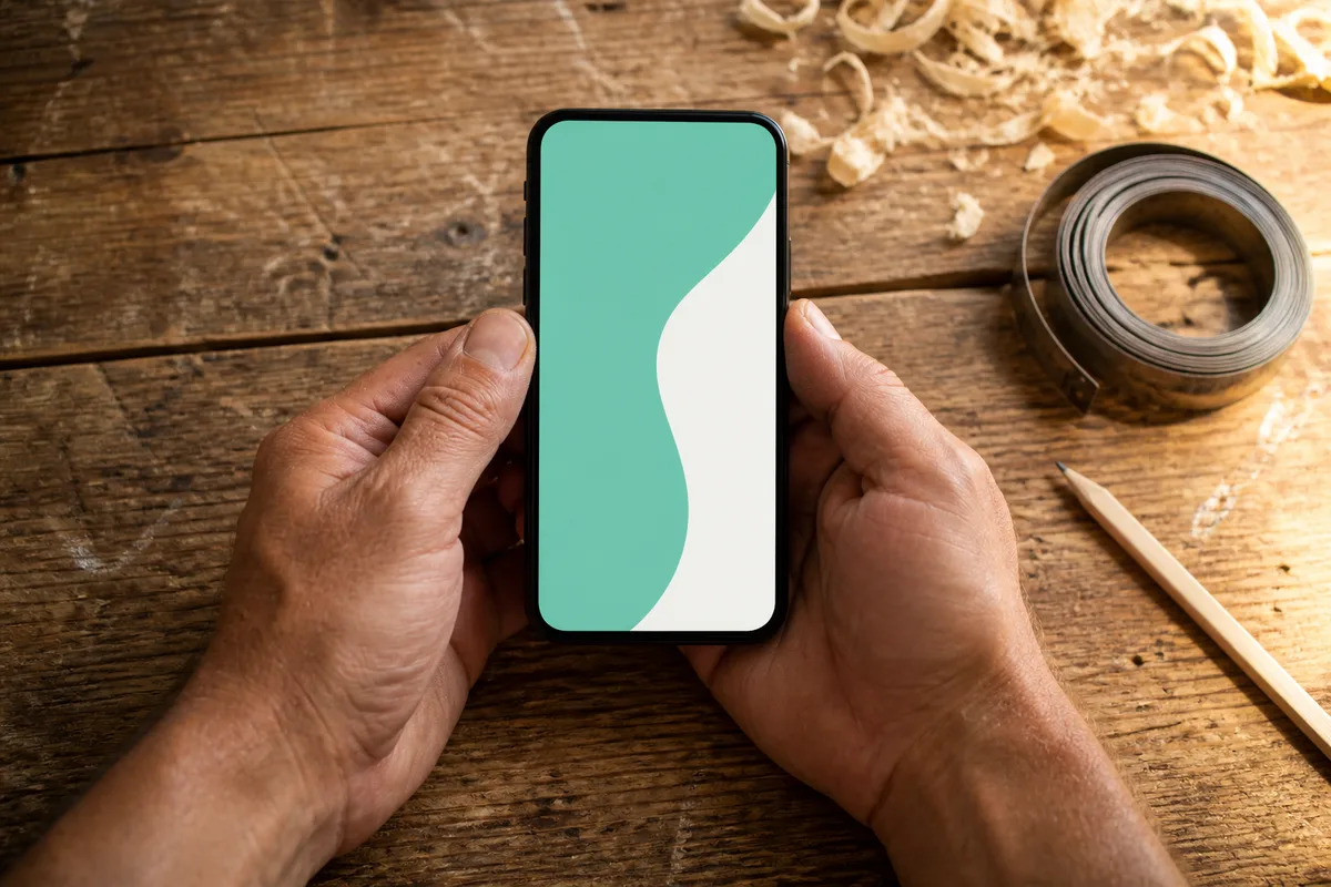 Mains d&rsquo;artisan tenant un smartphone au-dessus d&rsquo;un plan de travail en bois, écran affichant des aplats de couleur unie